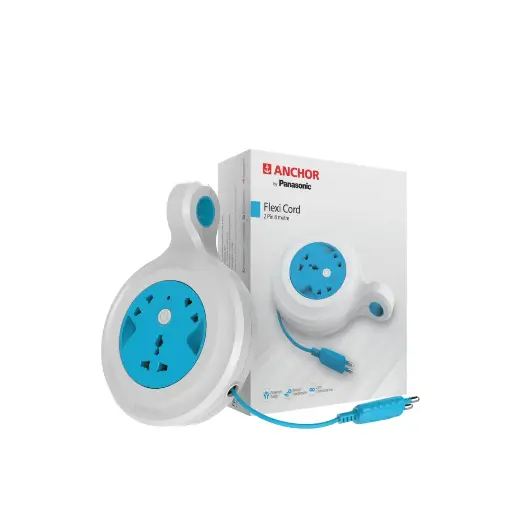 Anchor by Panasonic 5223 6A, Flexi Cord 3 Pin 4m  Unit Sale Price per nu | Extension Flexi Cord with Universal Socket With Indicator & Handle | Blue & White | DOS5223 