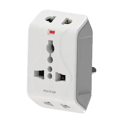 Polycab Accessories MultiPlug, One Universal + Two 2Pin With Surge Protection Multi Plug 6 Ampere White Grey 6A, 3 Pin Multi Plug Adaptor Surge Protection