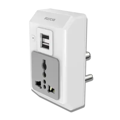 Polycab Accessories MultiPlug, One Universal + Twin USB Multi Plug 2.1A USB, 6 Ampere White Grey 6A Travel Adaptor With Twin USB Charging Port