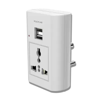Polycab Accessories MultiPlug, One Universal + Twin USB Multi Plug 2.1A USB, 6 Ampere White Grey 6A Travel Adaptor With Twin USB Charging Port