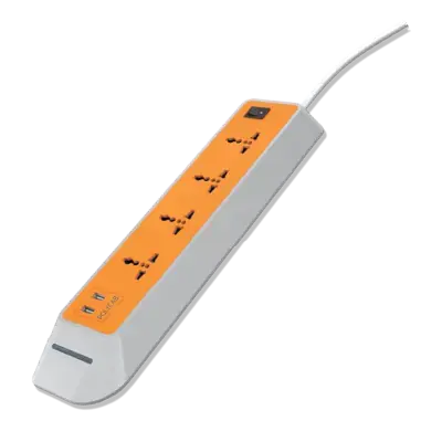 Polycab Accessories Extension Board, 3-Pin, Twin USB, 4+1, 3 Mtr Spike Guards 6 Ampere Orange+White 4-way Extension Board With Usb Socket/Surge Protection, cord-Length 3 meter